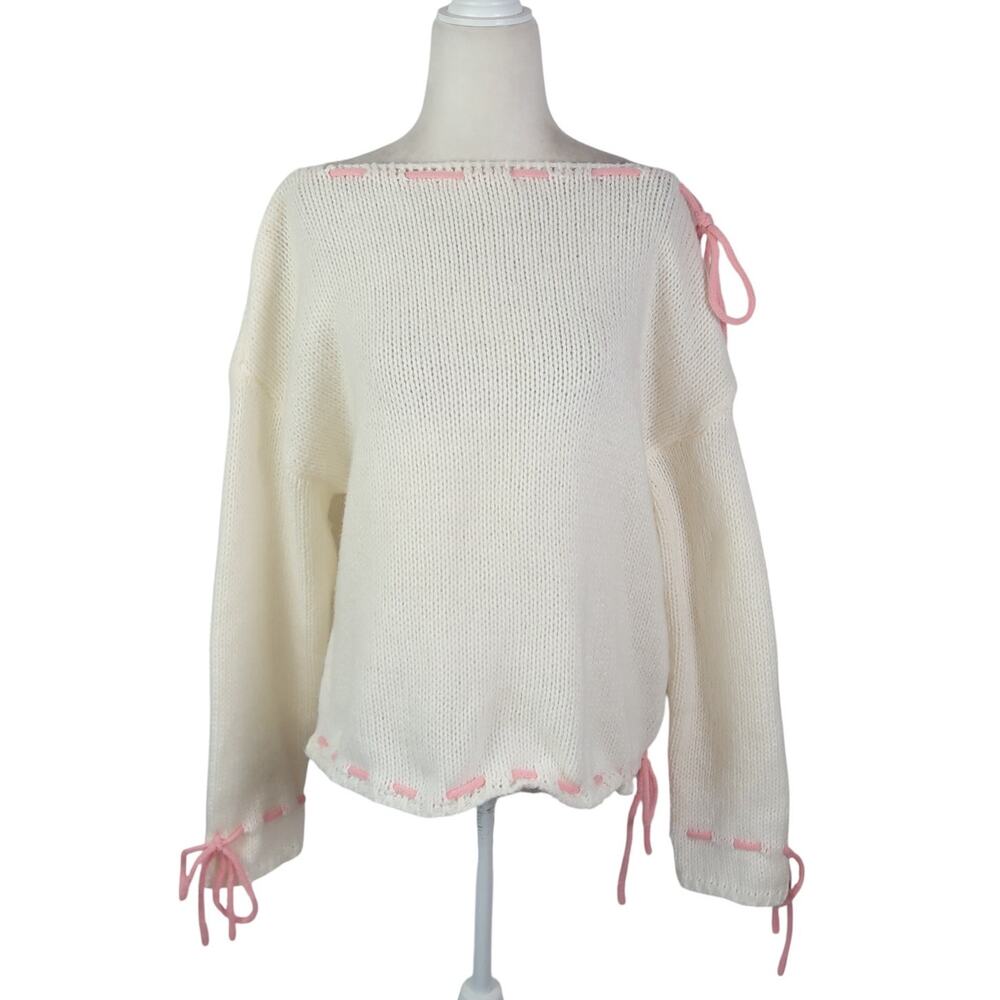 Cream Sweater w/ Pink Drawstring Bow Coquette L